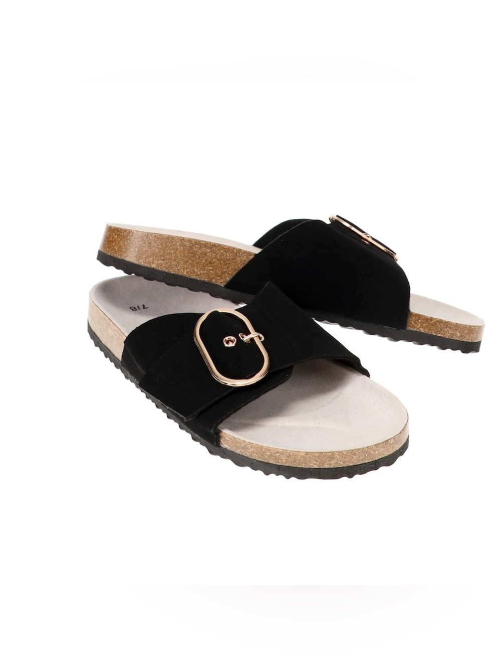Black Slide Sandals with Gold Buckle - Women